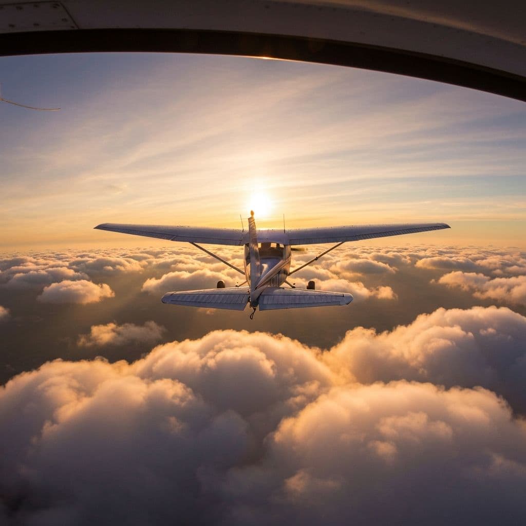 Small aircraft flying above clouds during golden hour